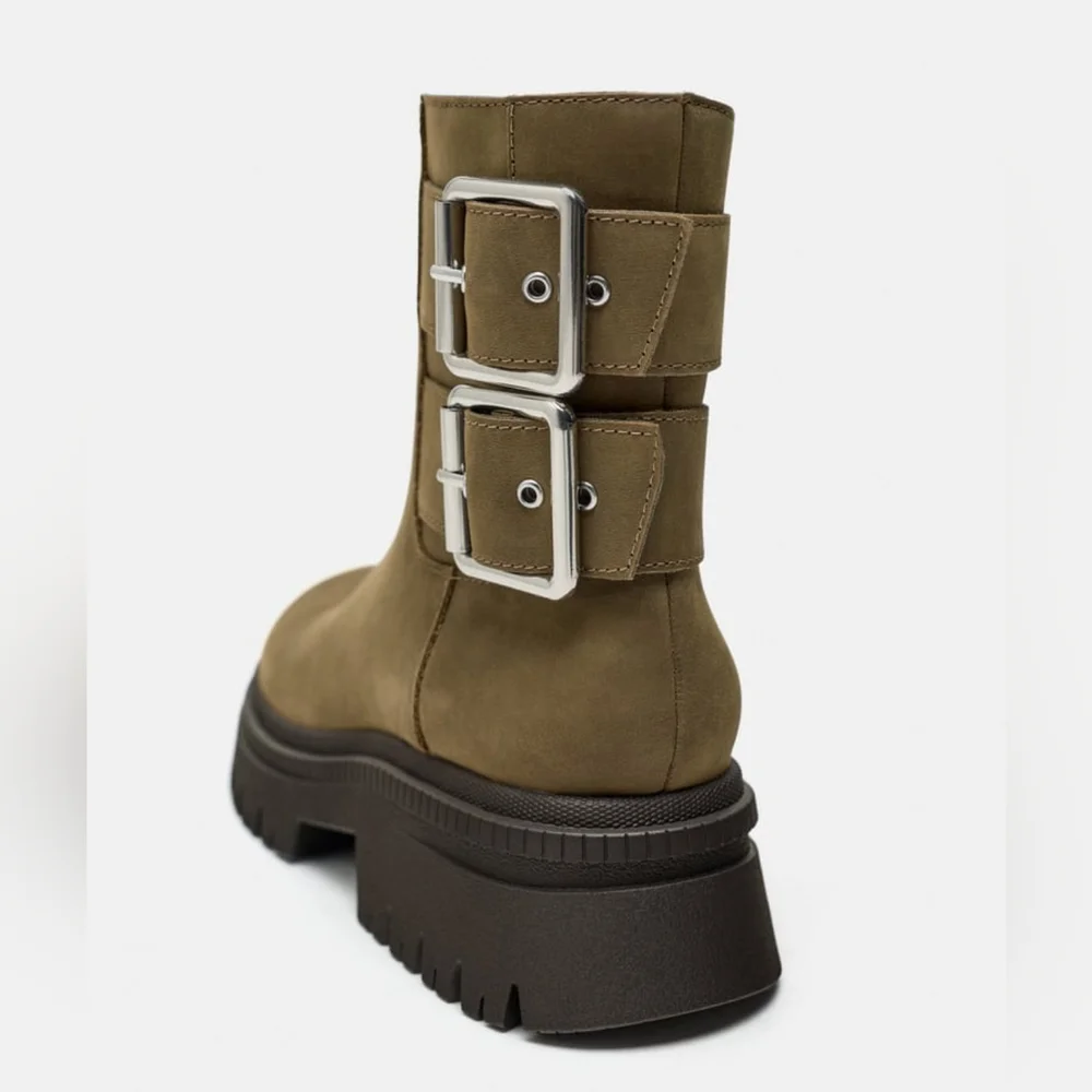 ZARA LOW HEELED LEATHER ANKLE BOOTS WITH BUCKLES